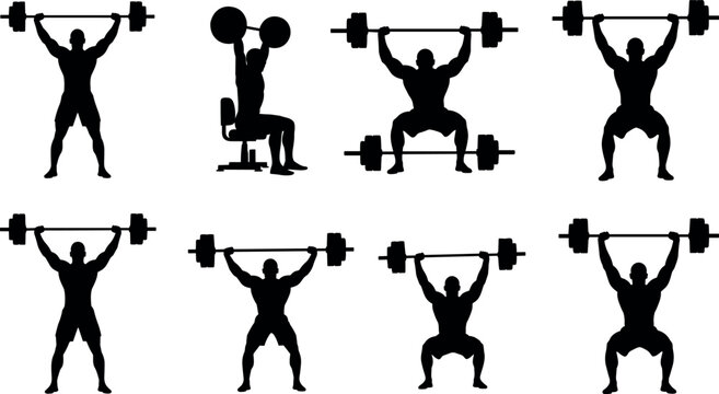 Set of strong bodybuilder silhouettes lifting heavy barbells and dumbbells for gym workout fitness and powerlifting training vector art illustration.