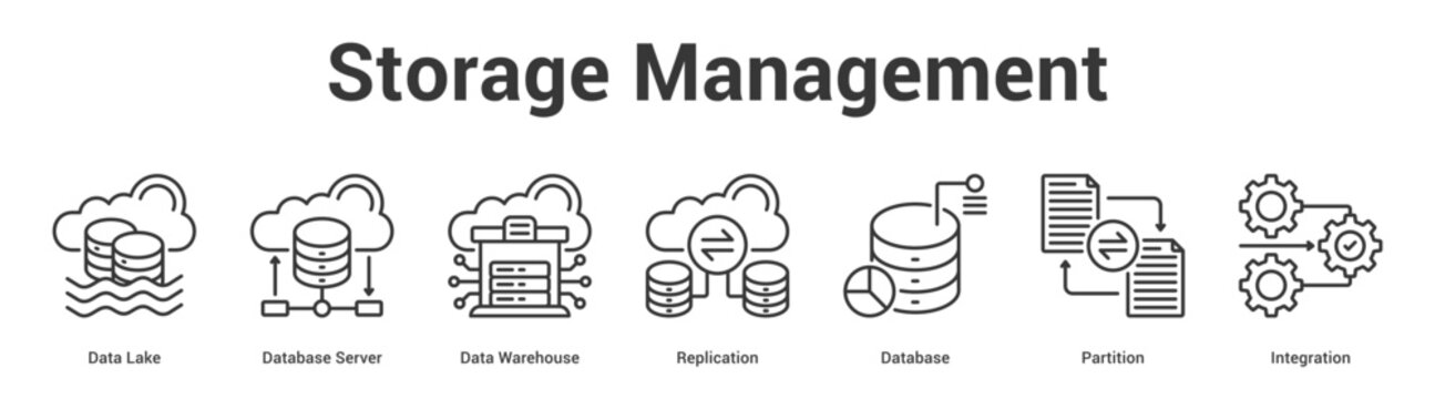 Storage Management web banner icon set vector illustration concept for business with icon of Data Lake, Database Server, Data Warehouse, Replication, Databa.