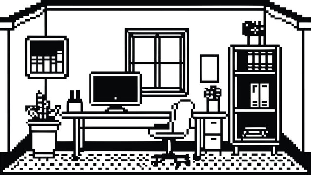 Pixel Art 1-Bit Modern Office Workspace Interior Background Scene