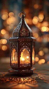 Vertical video of an ornate Ramadan lantern glowing on a wooden table. Arabic lamp with intricate patterns and golden bokeh background. Eid Mubarak celebration concept