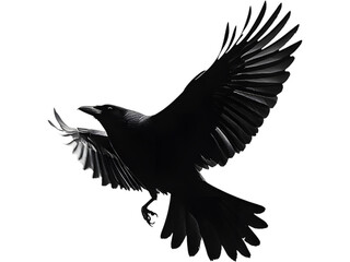 Obraz premium Flying crow with open wings in dynamic pose, dark feathers and realistic bird silhouette isolated on transparent background.