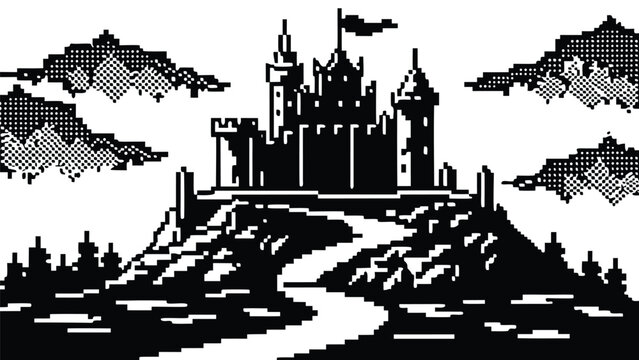 Pixel Art 1-Bit Fantasy Castle Hill Landscape Background Scene