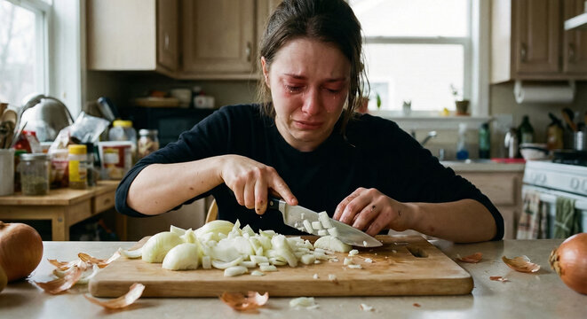 A woman shows a strong emotional reaction with red, watery eyes while slicing white onions on a wooden cutting board in a home kitchen.