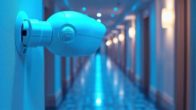 Security camera installation in a hotel corridor, showcasing the device's design and lighting against a blue-toned hallway backdrop