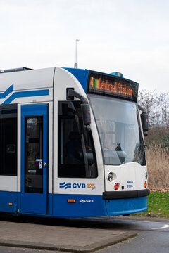 January 23, 2026, Amsterdam, Netherlands - GVB tram number 2065 with "4 Centraal Station" destination sign