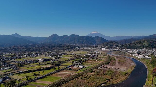 Mt. Fuji and idyllic countryside scenery from above, Japan