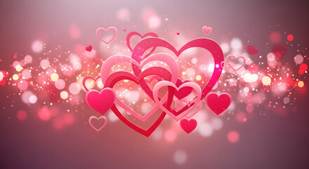 Happy Valentine's Day background with layered pink and red hearts on vibrant sparkling bokeh light and glitter effects.