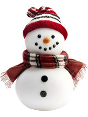 Fototapeta premium Smiling snowman with winter hat and red scarf, festive winter character isolated on transparent background..Tags: