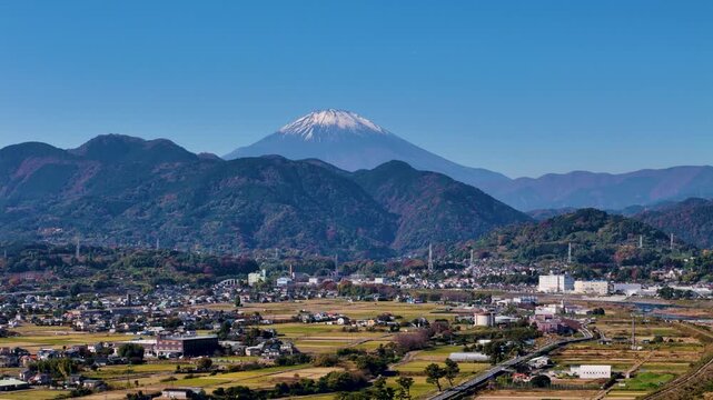 Aerial view of Mount Fuji and peaceful rural landscape in autumn