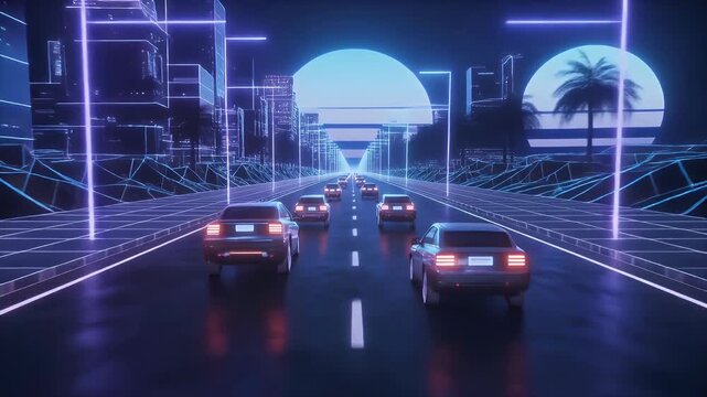 Retro-futuristic synthwave highway drive through a neon-lit wireframe city at night.