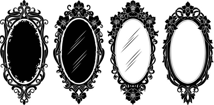 Set of four ornate vintage oval mirrors with intricate decorative floral frames