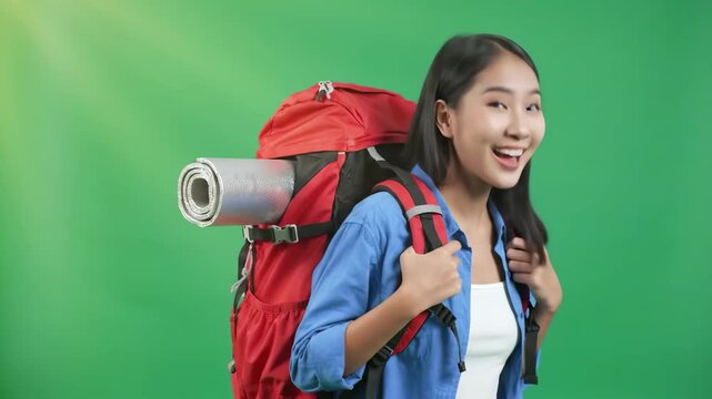Young female traveler with large red backpack prepared for outdoor journey