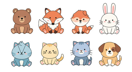 Fototapeta premium Cute Cartoon Animals Set: Bear, Fox, Rabbit, Cat, Dog