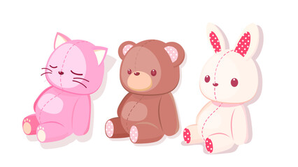 かわいい動物のぬいぐるみ3体セット（猫、クマ、うさぎ） ベクターイラスト