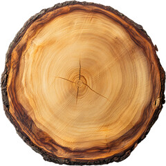 Round wooden log slice texture with natural rings and rich wood grain, rustic natural surface. Isolated on transparent background.