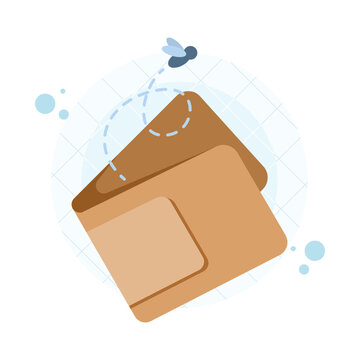 Minimalist vector illustration of an empty brown wallet with flies flying around, isolated on white background. Finance and economy concept symbolizing lack of money or financial loss.