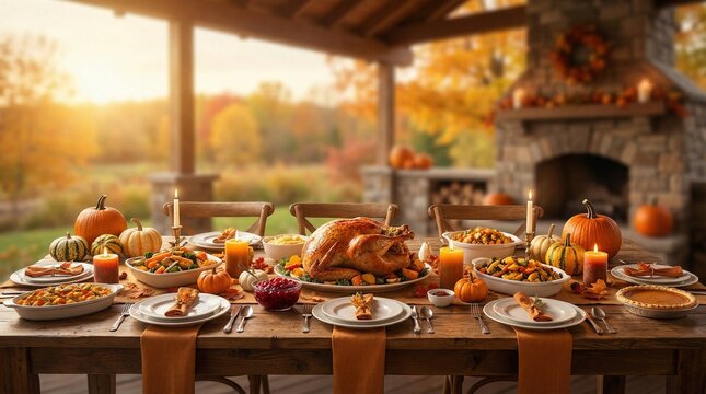 Grilled turkey and a rich Thanksgiving table. Happy family meal. Thanksgiving event banner