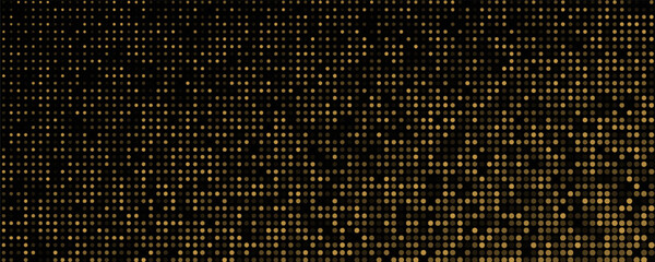 Abstract luxury banner with golden glittering dots on black background. Sparkling glitter bottom border, vector frame. Halftone effect. Magical gold dust. Pop art style backdrop.