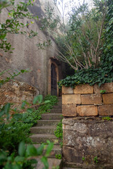 Naklejka premium Stone staircase leading to a rustic wooden door surrounded by lush greenery and textured walls in Enna, Sicily, Italy, showcasing historical architecture and natural elements