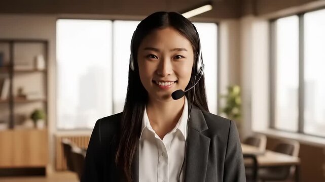 Smiling asian woman with headset in office environment
