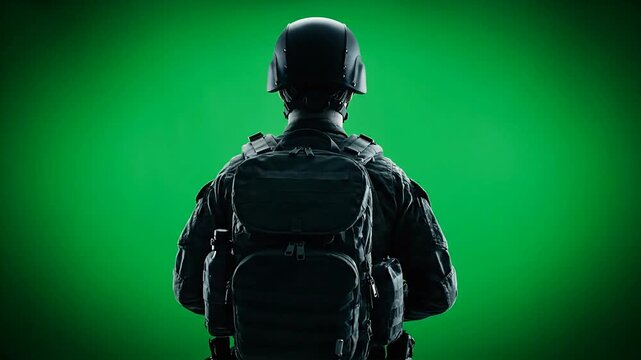 Soldier silhouette with backpack against green screen background