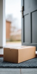 Cardboard box on doorstep with open door in background