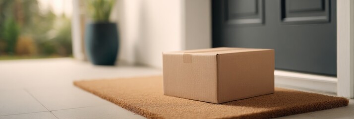 Cardboard package on welcome mat in front of doorway