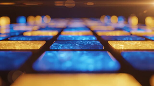 Abstract grid pattern with blue and yellow glowing rectangular tiles