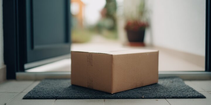 Cardboard box delivered on doormat in front of open doorway