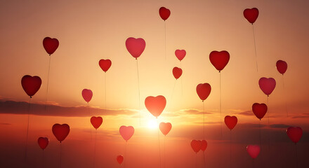 Heart shaped red balloons flying in the sunset sky with beautiful golden hour sunlight for romantic Valentine's Day background.