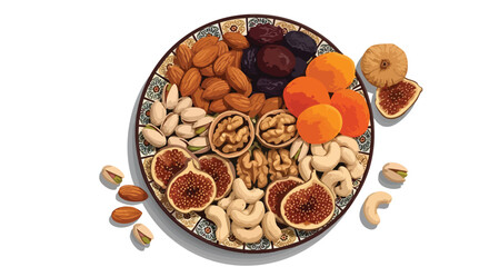 Fototapeta premium An appealing mix of healthy dried fruits and natural nuts, artfully arranged on a decorative plate, perfect for thoughtful Ramadan preparations, ensuring balanced nutrition