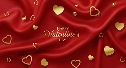 Golden Hearts on Red Silk Waves &ndash; Luxurious Happy Valentine's Day