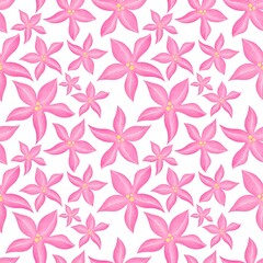 Watercolor floral pattern: cheerful pink flowers scattered across white background, seamless pattern design, vibrant gentle colors print