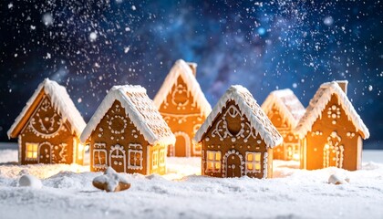 Fototapeta premium Several gingerbread houses with white frosting accents sit in a snowy landscape, illuminated against a starry night sky