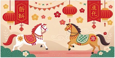 Naklejka premium Chinese New Year horse illustration with lanterns flowers and festive ornaments.