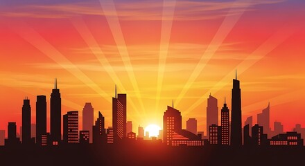 Fototapeta premium Vibrant City Skyline Silhouette at Sunrise with Radiant Sky.