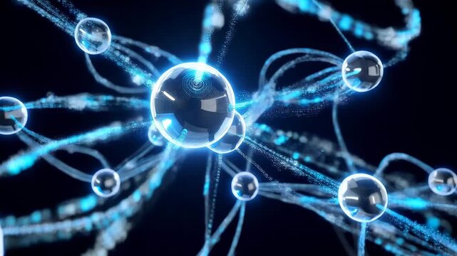 Abstract cloud computing concept, floating data streams connecting glowing nodes