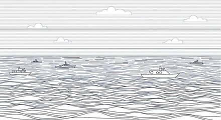 Minimalist Line Art Illustration of Boats on Wavy Ocean with Distant Shoreline and Clouds.