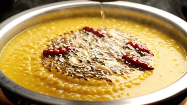 Creamy Lentil Dal Being Tempered with Hot Oil.