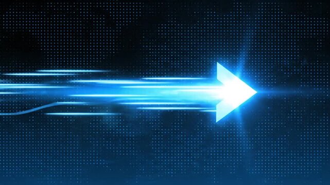 A bright blue arrow pointing forward with glowing light trails on a dark blue digital background viewed from straight on