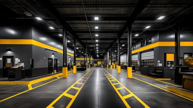 Industrial warehouse interior with black and yellow accents, high ceilings, white storage cabinets, and vehicle service floor
