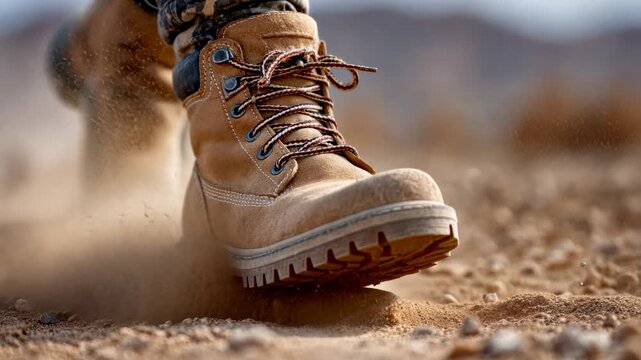 Dynamic journey: closeup of hiking boot creating dust cloud on rocky terrain