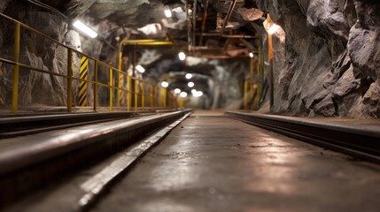 Coal mine underground mine tunnel with rail tracks illuminated by industrial lights, showing the path forward in a dark cavern