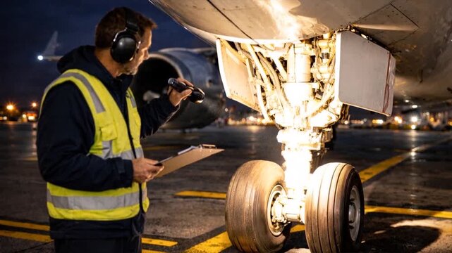 Aircraft mechanic inspecting landing gear at night