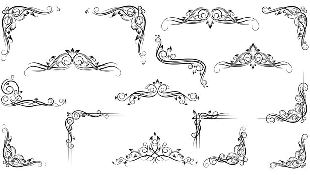 Elegant collection of black ornamental corners and floral dividers features intricate scrolls and leafy patterns for classic border design elements.