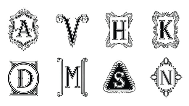 Elegant collection of eight black and white vintage monograms features ornate frames around letters like A, V, H, K, D, M, S, and N for luxury branding.