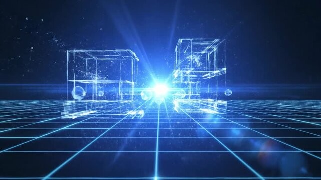 Abstract grid world with crystalline structures and luminous particles