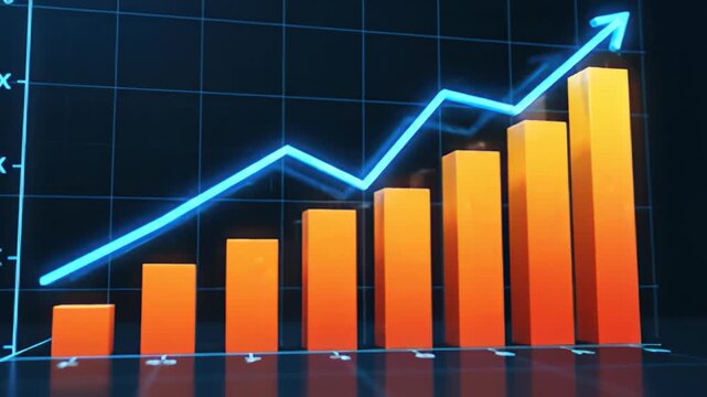 Abstract growing bar chart with line graph visualization on dark background