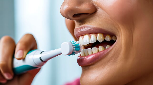 Close up of woman brushing teeth with electric toothbrush
