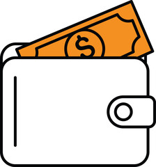 Orange banknote with dollar sign peeking out of a white wallet money currency